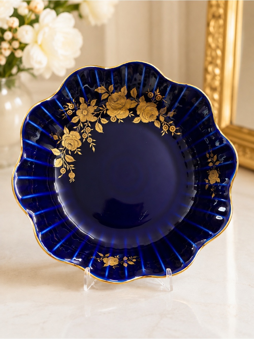 Vintage Wunsiedel Bavaria Echt Kobalt 24K Gold Porcelain Bowl Germany